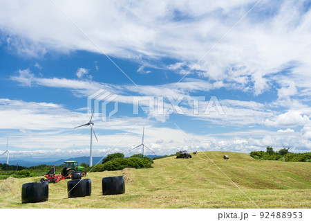 風車と夏の空の下の牧草刈りの風景 風車と夏の空の下の牧草刈りの風景 92488953