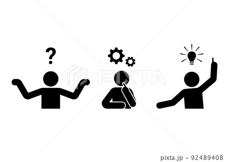 Stick figure man problem solution reasoning vector illustration. Task, question, thinking, idea, insight, decision icon 92489408