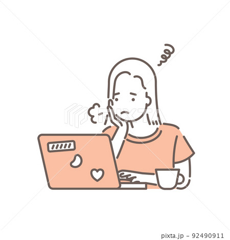 ノートパソコンを操作している女性のイラスト 悩みや不安のイラスト素材