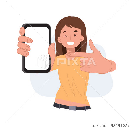 Woman showing blank smartphone screen and pointing on it. cartoon vector illustrations. 92491027