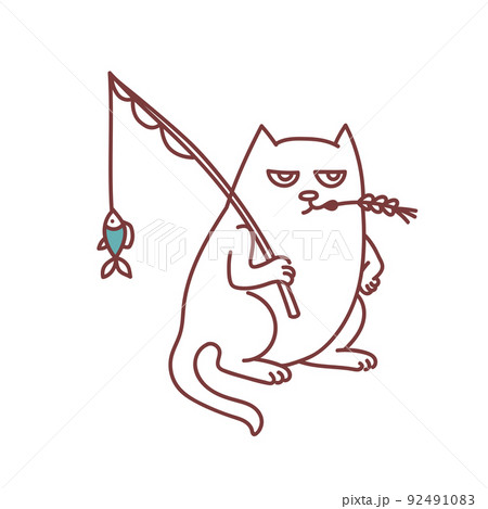 Fisherman cat with fishing rod and fish Fisherman cat with fishing rod and fish 92491083
