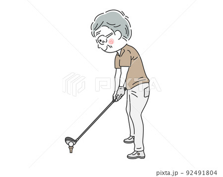 ゴルフのアドレスに入る、ドライバーを持った年配男性のイラスト 92491804
