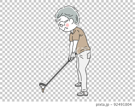 ゴルフのアドレスに入る、ドライバーを持った年配男性のイラスト 92491804