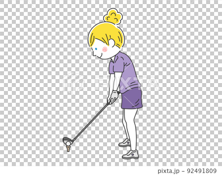 ゴルフのアドレスに入る、ドライバーを持った白人女性のイラスト 92491809