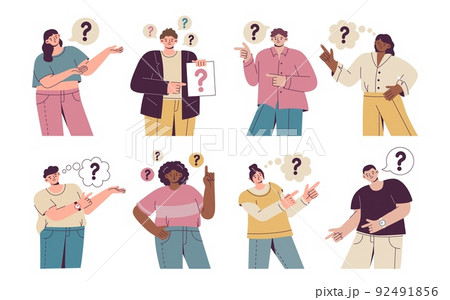 People questions. Man and woman ask about problem. Confused character portraits. Speech bubble with interrogation marks. Surprised persons pointing fingers. Vector cartoon collection People questions. Man and woman ask about problem. Confused character portraits. Speech bubble with interrogation marks. Surprised persons pointing fingers. Vector cartoon collection 92491856