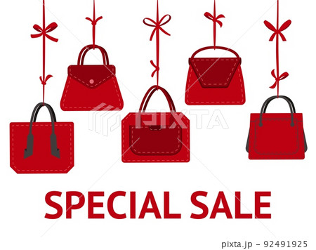 Fashion handbag sale. Red Christmas bag hanging on ribbon. Beautiful female accessories. Spring style promotion flyer. Shopping discount. Women purchase. Vector special offer banner 92491925