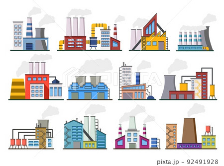 Factory industry power. Industrial buildings. Chemical station. Oil or gas plant. Electricity production construction with smoke chimneys. Urban manufacturing business. Vector icons set 92491928