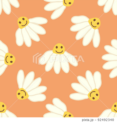 Chamomile smile 1970 pattern. Groovy daisy retro seamless pattern Chamomile smile 1970 pattern. Groovy daisy retro seamless pattern 92492340