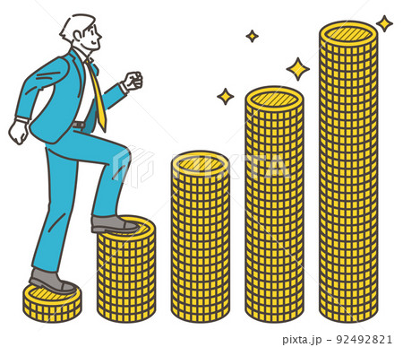 コインの階段をのぼるビジネスマン。年収アップ、資産運用のコンセプト【ベクターイラスト素材】 コインの階段をのぼるビジネスマン。年収アップ、資産運用のコンセプト【ベクターイラスト素材】 92492821