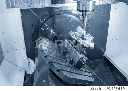 The 5-axis machining center table-tilt type cutting the aero space parts by indexable tool. The 5-axis machining center table-tilt type cutting the aero space parts by indexable tool. 92493659