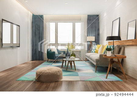 3d rendering loft scandinavian living room with working table and bookshelf 92494444