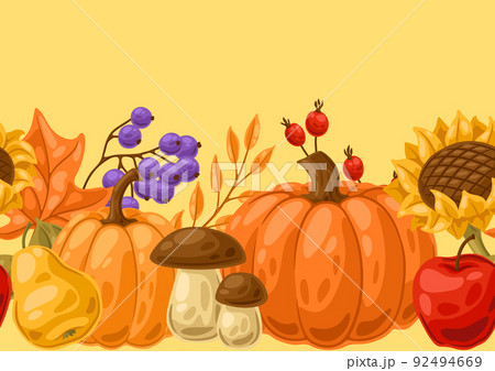 Seamless pattern with autumn plants. Harvest illustration of vegetables and leaves. 92494669