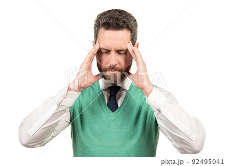 megraine. suffering businessman isolated on white. stressed guy having headache. 92495041