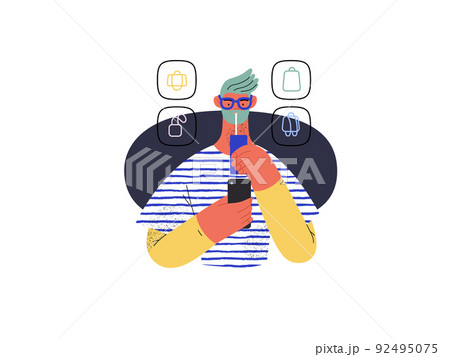 Shopping application - Online shopping and electronic commerce series - modern vector concept illustration of a man drinking beverage and shopping. Promotion, discounts, sale and online orders concept 92495075