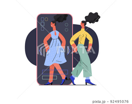 Virtual fitting - Online shopping and electronic commerce series - modern flat vector concept illustration of a woman fitting clothes in app. Promotion, discounts, sale and online orders concept 92495076