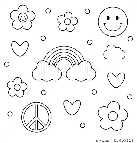 1970 trippy groovy doodle set. Line daisies, hearts, rainbow, smile, peace, cloud on white background. 60s, 70s vibes elements, cartoon stickers. Groovy hand drawn vector illustration. 92495113