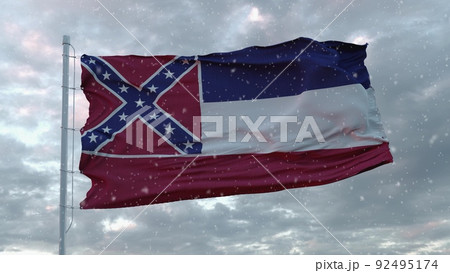 Old Mississippi winter flag with snowflakes background. United States of America. 3d illustration 92495174