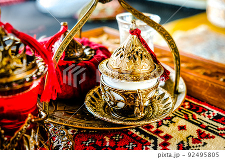 Turkish coffee and tea set in colorful traditional housewares in Turkish theme coffee cafe 92495805
