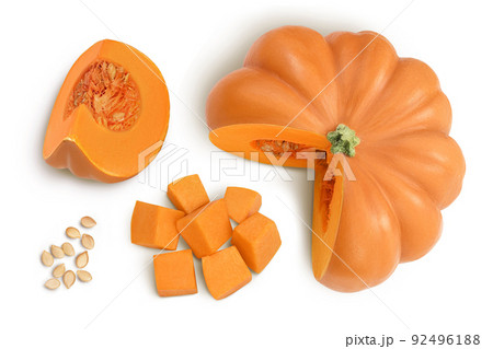 Fresh orange pumpkin isolated on white background with full depth of field. Top view. Flat lay Fresh orange pumpkin isolated on white background with full depth of field. Top view. Flat lay 92496188