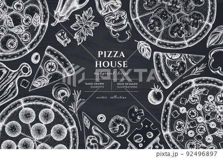 Pizza hand drawn illustration design. Background with chalk greek, margherita, pepperoni, veggie, ham and mushrooms and seafood pizzas. Pizza hand drawn illustration design. Background with chalk greek, margherita, pepperoni, veggie, ham and mushrooms and seafood pizzas. 92496897