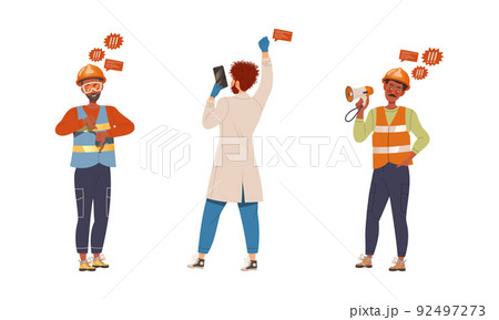 Protesting people of different professions set. Protesters discussing social issues and shouting with megaphone vector illustration Protesting people of different professions set. Protesters discussing social issues and shouting with megaphone vector illustration 92497273