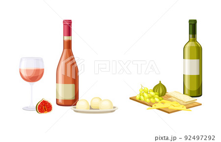 Bottles of white and rose wine served with appetizers set. Cheese, figs and grapes snacks vector illustration 92497292