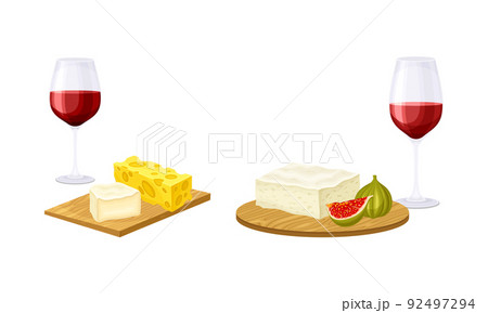 Glasses of wine served with cheese and figs on wooden board vector illustration 92497294