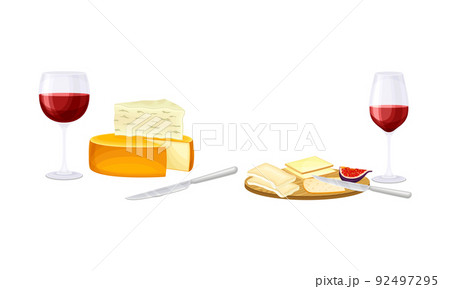 Glasses of red wine served with cheese set vector illustration 92497295