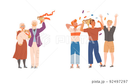 People celebrating victory set. Happy people with golden goblets won at cat show and contest vector illustration 92497297
