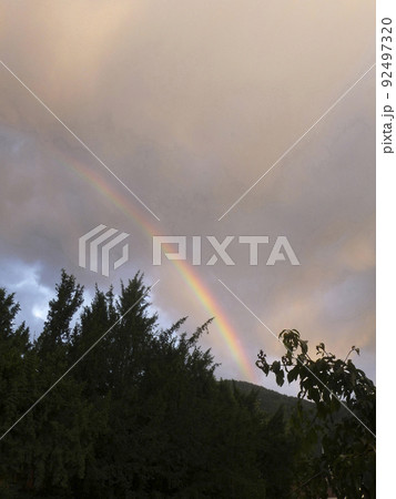 Rainbow at Pyramidenspitze mountain hiking tour in Tyrol, Austria 92497320