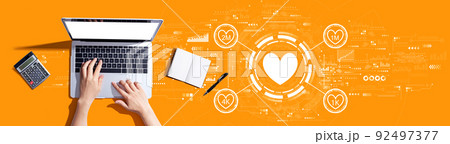 Get more likes concept with person using a laptop Get more likes concept with person using a laptop 92497377