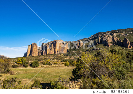 Panorama of Mallos De Riglos rocks in Huesca province, Aragon, Spain 92498165