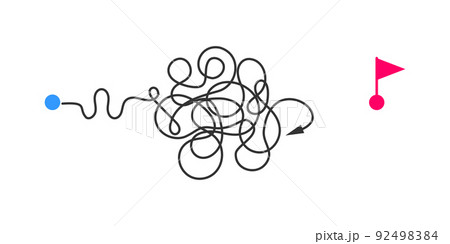 Chaotic curved path with deflected arrow from start point to finish flag. Failed plan, unfinished challenge, failure idea, no ending way concept 92498384