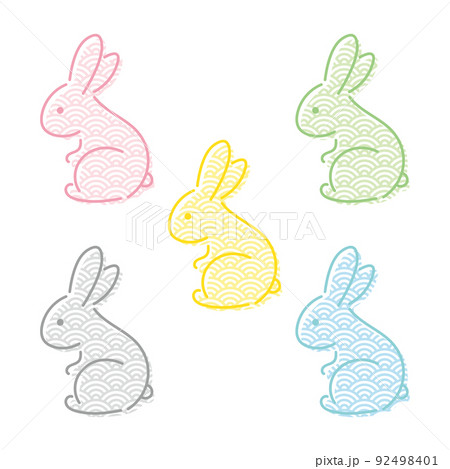 和柄と横向きのうさぎのシンプルなイラストセット 青海波のイラスト素材