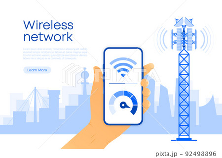 5g technology and communication concept. 5G towers network technology. Speed test. Vector illustration. 92498896