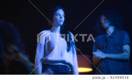 Cast of actors rehearsing a play in theater 92499038