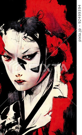 Japanese samurai girl depicted in red and black colors in the old style. Concept of Japanese painting and graphics. Japanese samurai girl depicted in red and black colors in the old style. Concept of Japanese painting and graphics. 92499394