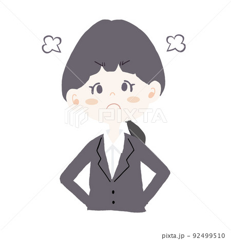 リクルートスーツを着た女の子（新入社員・会社員）が手を後ろで組んで怒っている様子のイラスト 92499510
