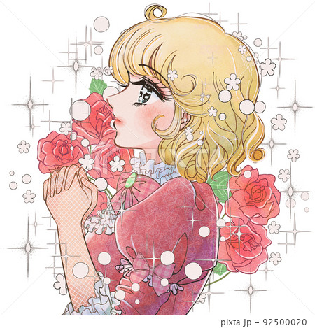 レトロ少女漫画風 美しい金髪のお姫様と薔薇の花イラストのイラスト素材