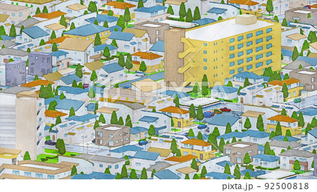 住宅街　手描き風　水彩画風　街並み　俯瞰　住宅　背景 92500818