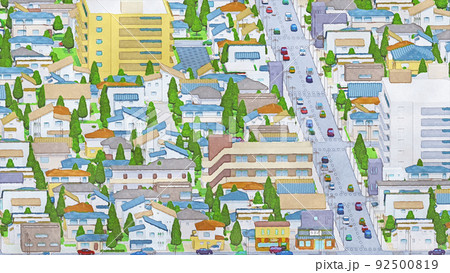 住宅街　手描き風　水彩画風　街並み　俯瞰　住宅　背景 92500819
