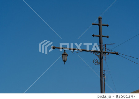 Lamppost electric sky background concept view metal lamp lantern street, from old antique in power from park four, object cloudy. Streetlamp landscape glass, 92501247