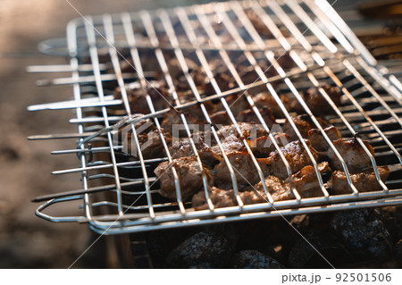 Grill is used at a picnic to prepare meat on it 92501506