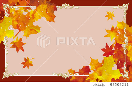 紅葉　リーフ　美しい飾り罫　秋の水彩背景イラスト 92502211