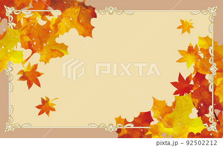 紅葉　リーフ　美しい飾り罫　秋の水彩背景イラスト 92502212