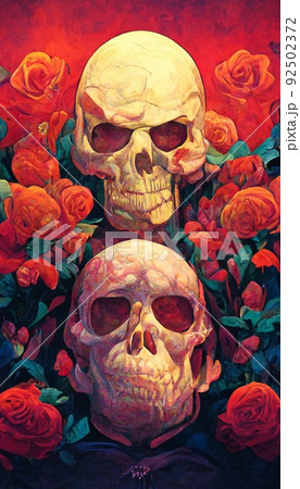Terrible skulls among the red roses. Halloween decorations of bones and flowers. Hallowe'en concept. Perfect for phone wallpaper or for posters. Terrible skulls among the red roses. Halloween decorations of bones and flowers. Hallowe'en concept. Perfect for phone wallpaper or for posters. 92502372
