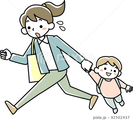 出勤時に保育園へ子どもを送る若い母親 出勤時に保育園へ子どもを送る若い母親 92502437