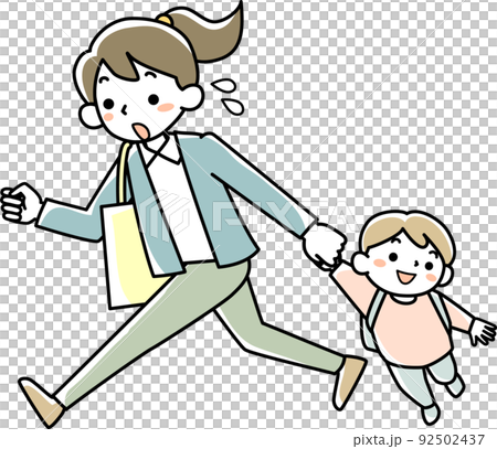 出勤時に保育園へ子どもを送る若い母親 出勤時に保育園へ子どもを送る若い母親 92502437
