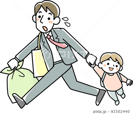 出勤時にゴミを出してから保育園へ子どもを送る若い父親 出勤時にゴミを出してから保育園へ子どもを送る若い父親 92502440