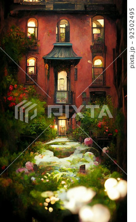 An old painted vintage street with flowers and trees. The concept of a vintage street and buildings. Perfect for phone wallpaper or for posters. 92502495